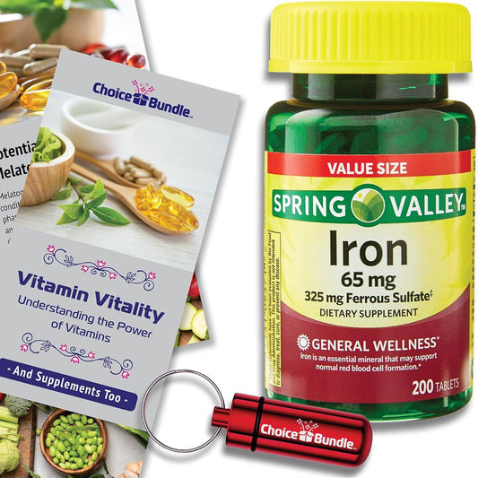 Spring Valley Iron Tablets Dietary Supplement 65 mg Value Size Bundle with Vitamin Vitality Guide & Pill Container - 200 CT (3 Items)