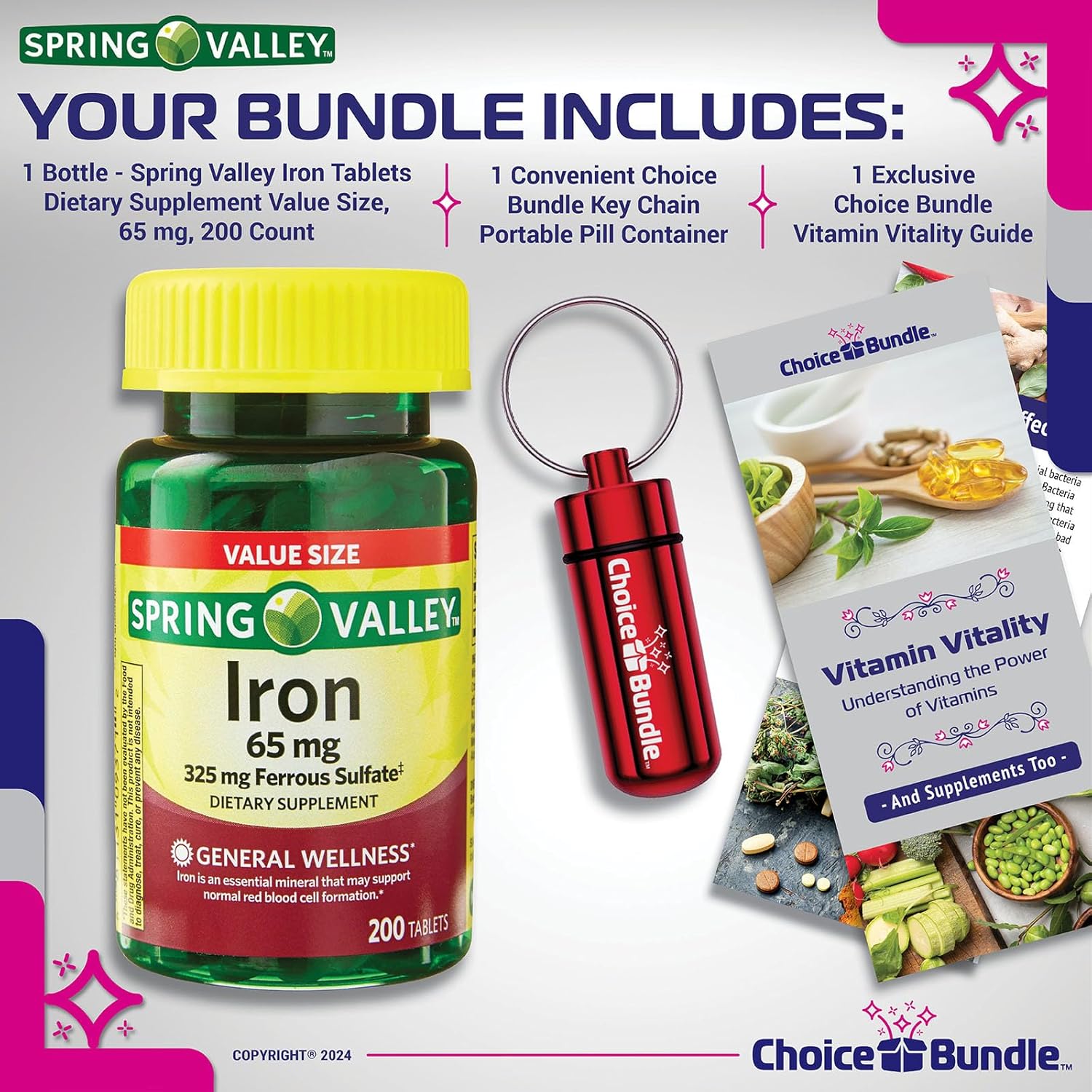 Spring Valley Iron Tablets Dietary Supplement 65 mg Value Size Bundle with Vitamin Vitality Guide & Pill Container - 200 CT (3 Items)