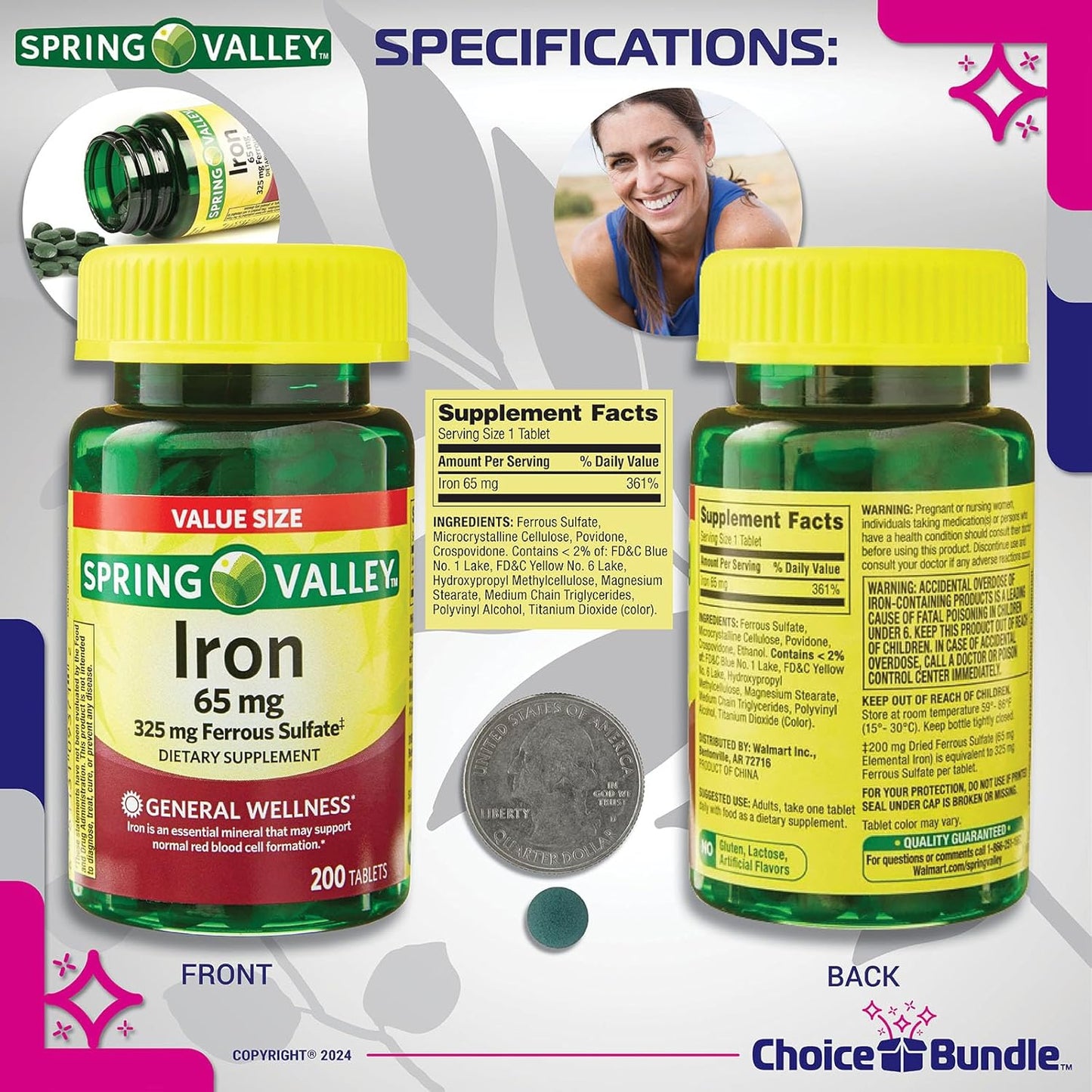 Spring Valley Iron Tablets Dietary Supplement 65 mg Value Size Bundle with Vitamin Vitality Guide & Pill Container - 200 CT (3 Items)