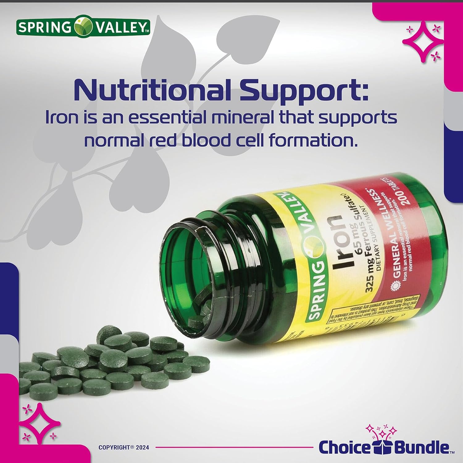 Spring Valley Iron Tablets Dietary Supplement 65 mg Value Size Bundle with Vitamin Vitality Guide & Pill Container - 200 CT (3 Items)