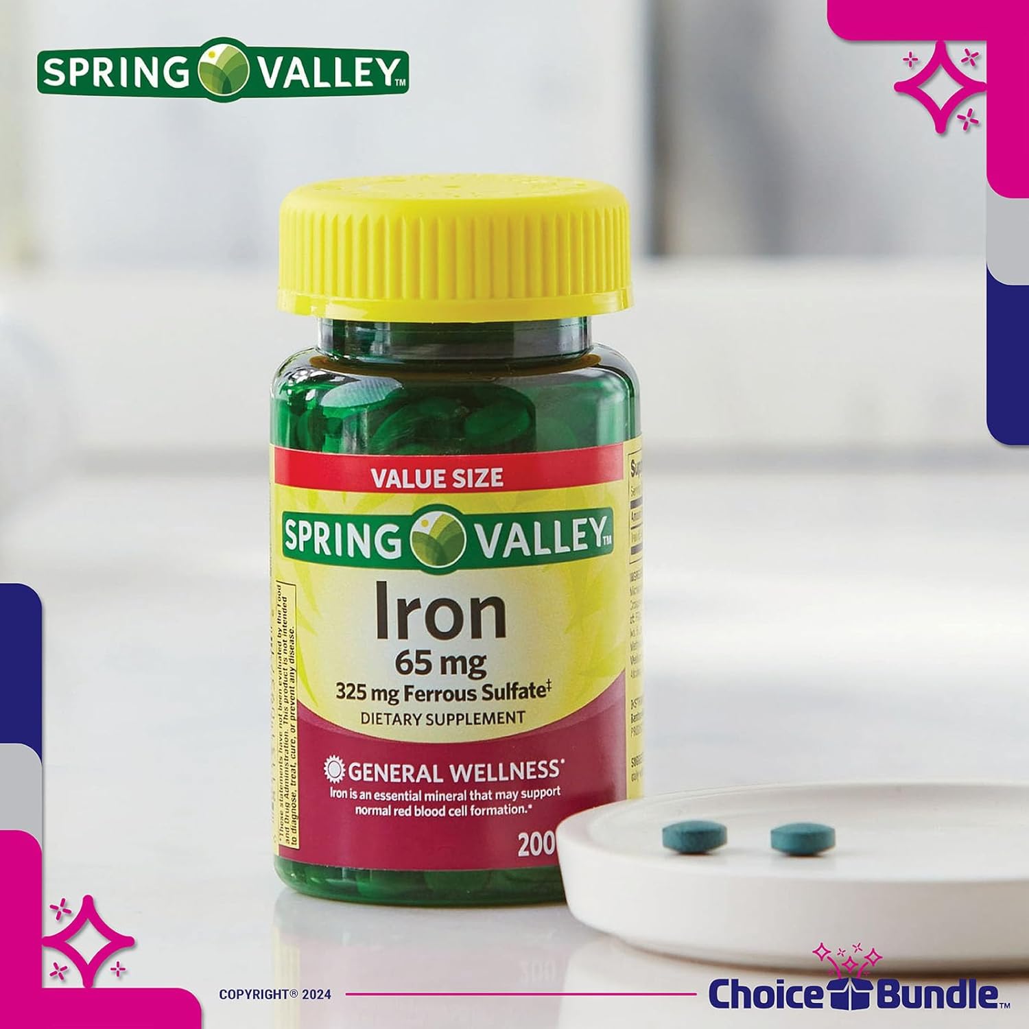Spring Valley Iron Tablets Dietary Supplement 65 mg Value Size Bundle with Vitamin Vitality Guide & Pill Container - 200 CT (3 Items)