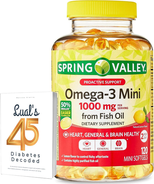 Spring Valley Omega-3 Mini Softgels 1000mg Fish Oil Bundle - 120 Count with Lual's 45 Diabetes Decoded