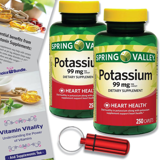 Spring Valley Potassium Caplets 99mg for Heart Health - 500 Total, 2 pk Bundle with "Vitamin Vitality" Guide & Pill Container