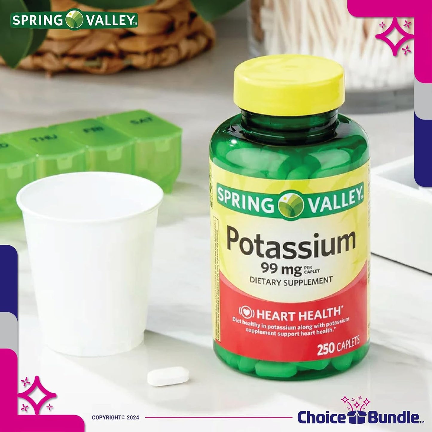 Spring Valley Potassium Caplets 99mg for Heart Health - 500 Total, 2 pk Bundle with "Vitamin Vitality" Guide & Pill Container