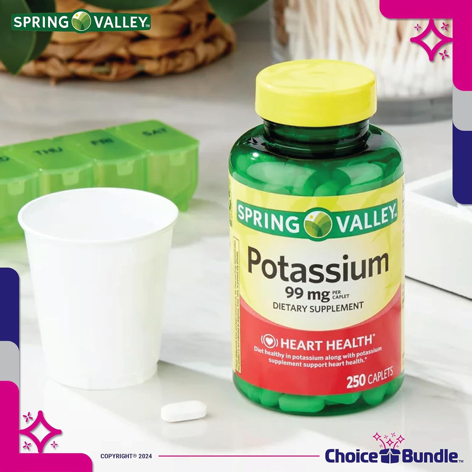 Spring Valley Potassium Caplets 99mg for Heart Health - 500 Total, 2 pk Bundle with "Vitamin Vitality" Guide & Pill Container