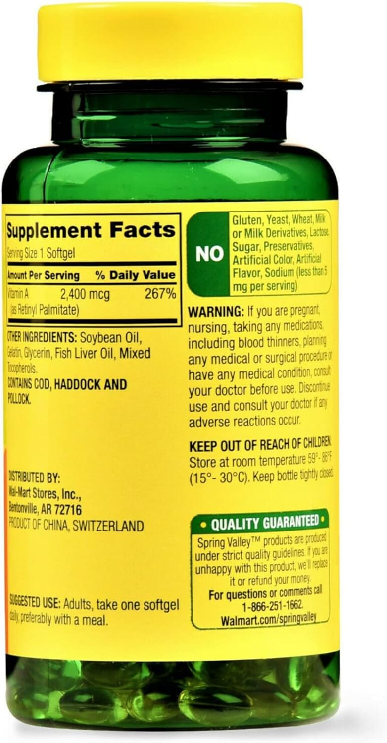 Spring Valley Vitamin A 2400MCG Softgels - 250 Count Dietary Supplement
