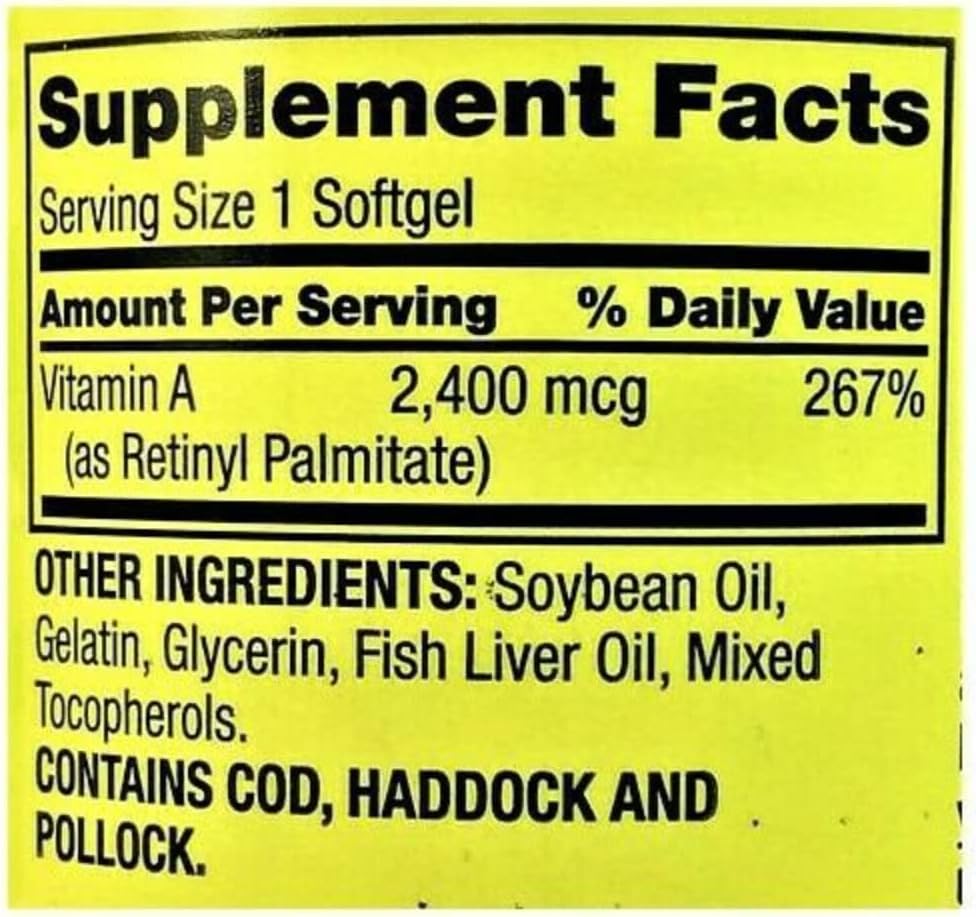 Spring Valley Vitamin A 2400MCG Softgels - 250 Count Dietary Supplement
