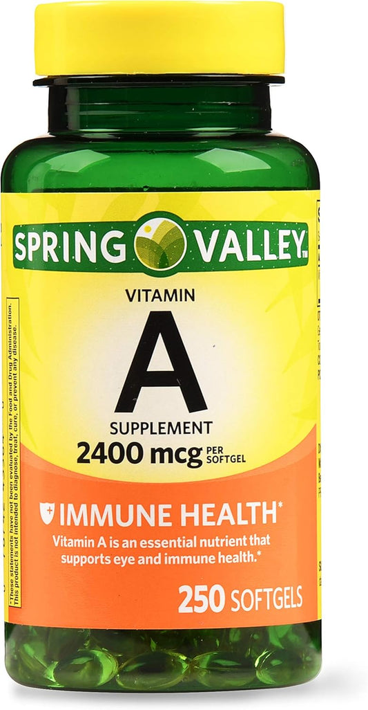 Spring Valley Vitamin A Softgels - 2400mcg, 250 Count - Immune Support and Eye Health Booster