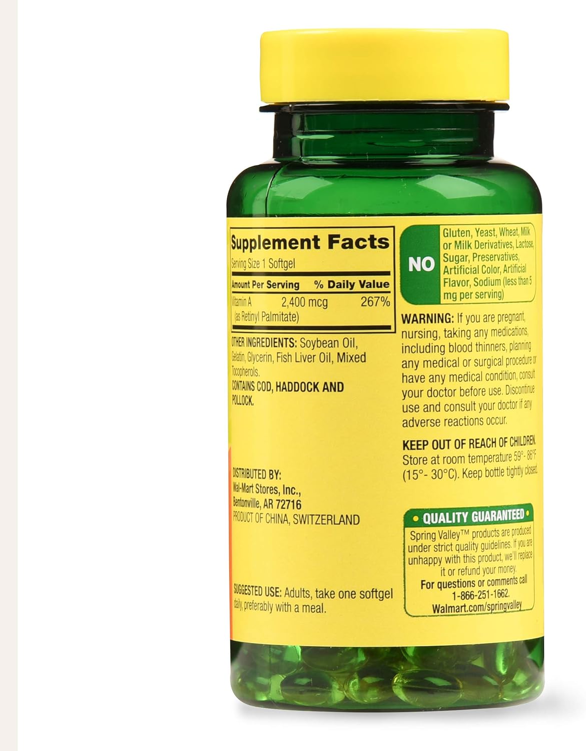 Spring Valley Vitamin A Softgels - 2400mcg, 250 Count - Immune Support and Eye Health Booster