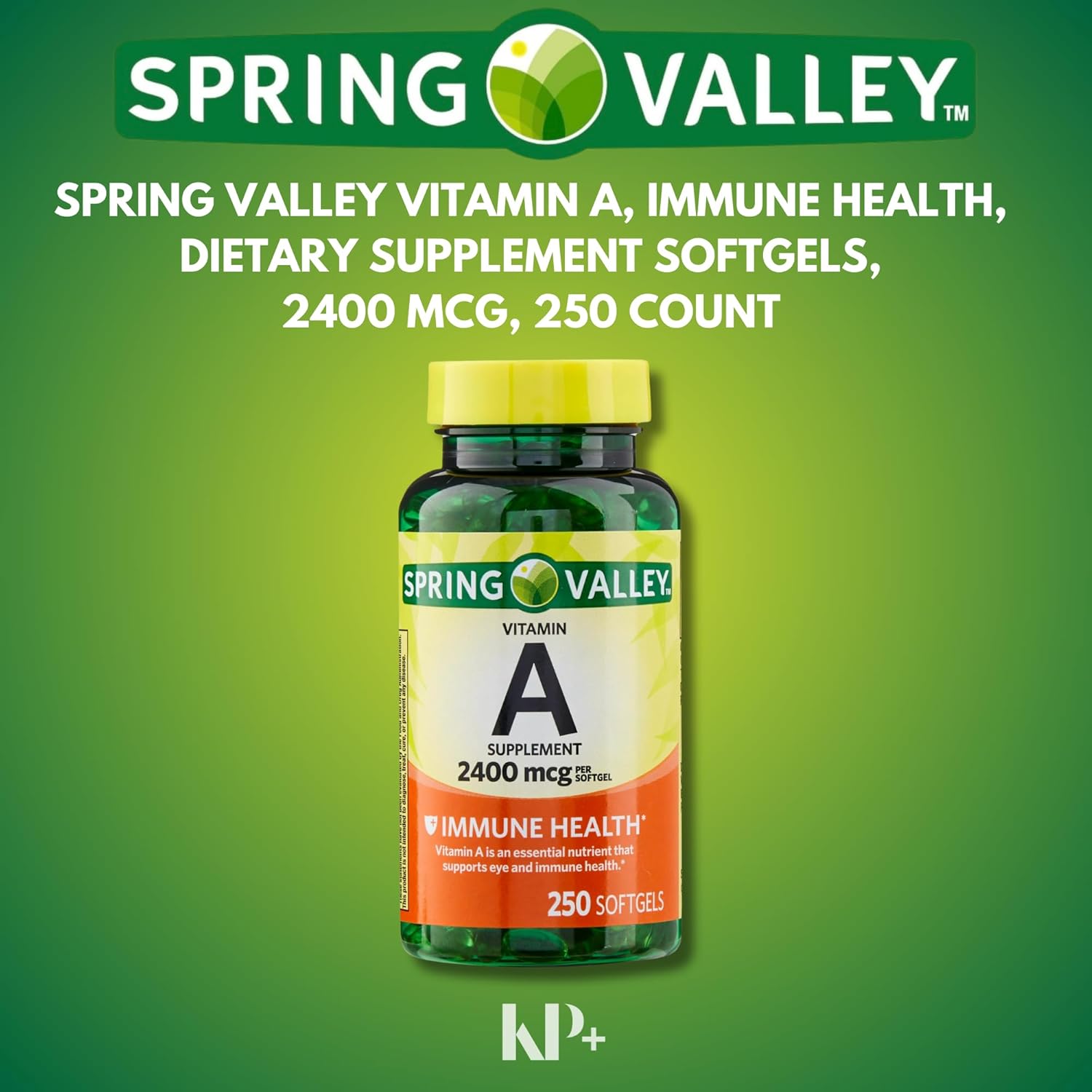 Spring Valley Vitamin A Softgels, 2400 mcg, 250 Count, Dietary Supplement with KP+Sticker