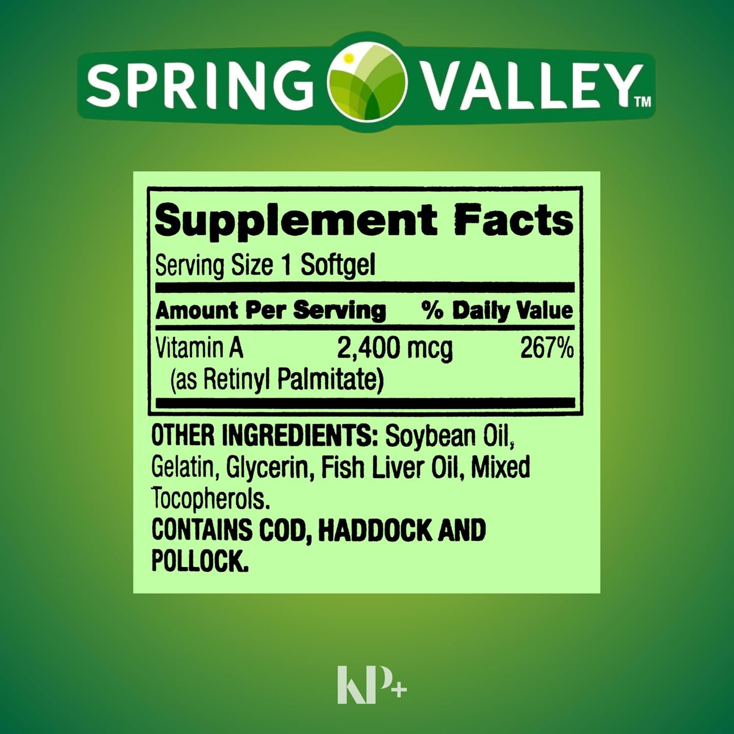 Spring Valley Vitamin A Softgels, 2400 mcg, 250 Count, Dietary Supplement with KP+Sticker