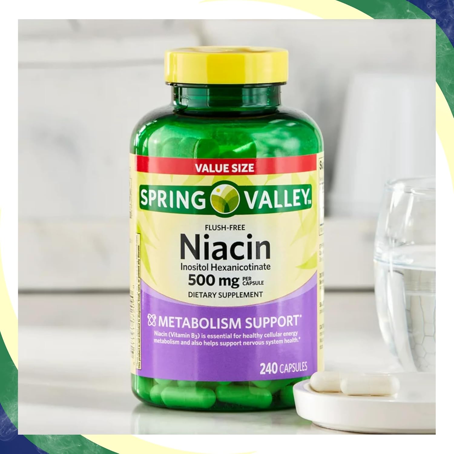 Spring Valley Vitamin B3 Niacin 500mg Flush Free Capsules 240 Count Dietary Supplement by Venancio's Shop