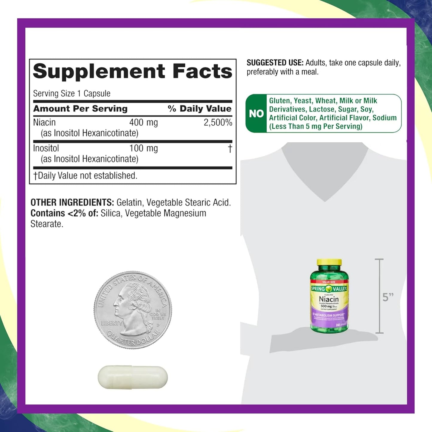 Spring Valley Vitamin B3 Niacin 500mg Flush Free Capsules 240 Count Dietary Supplement by Venancio's Shop