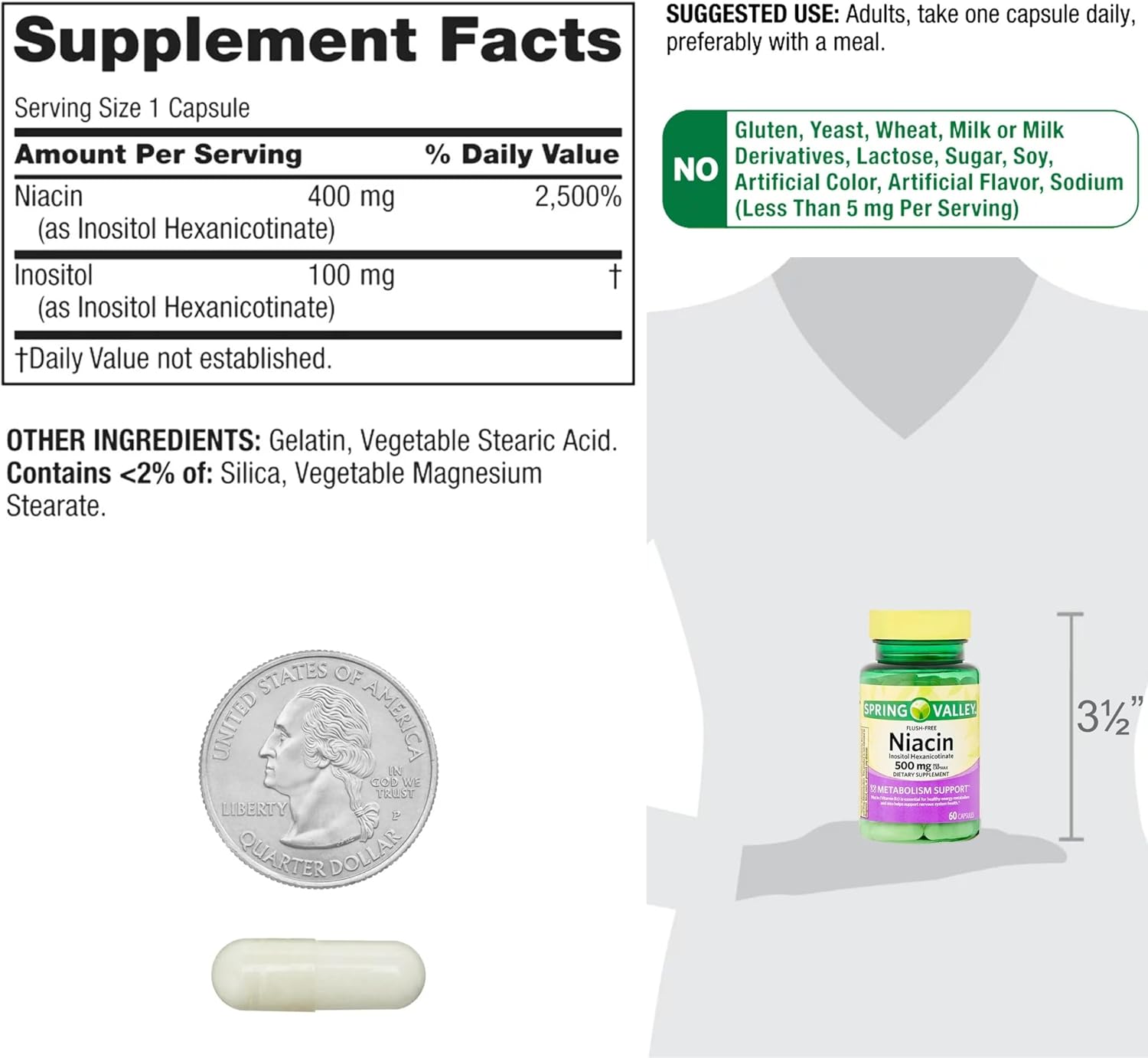 Spring Valley Vitamin B3 Niacin 500mg Flush Free Capsules - 60 Pills