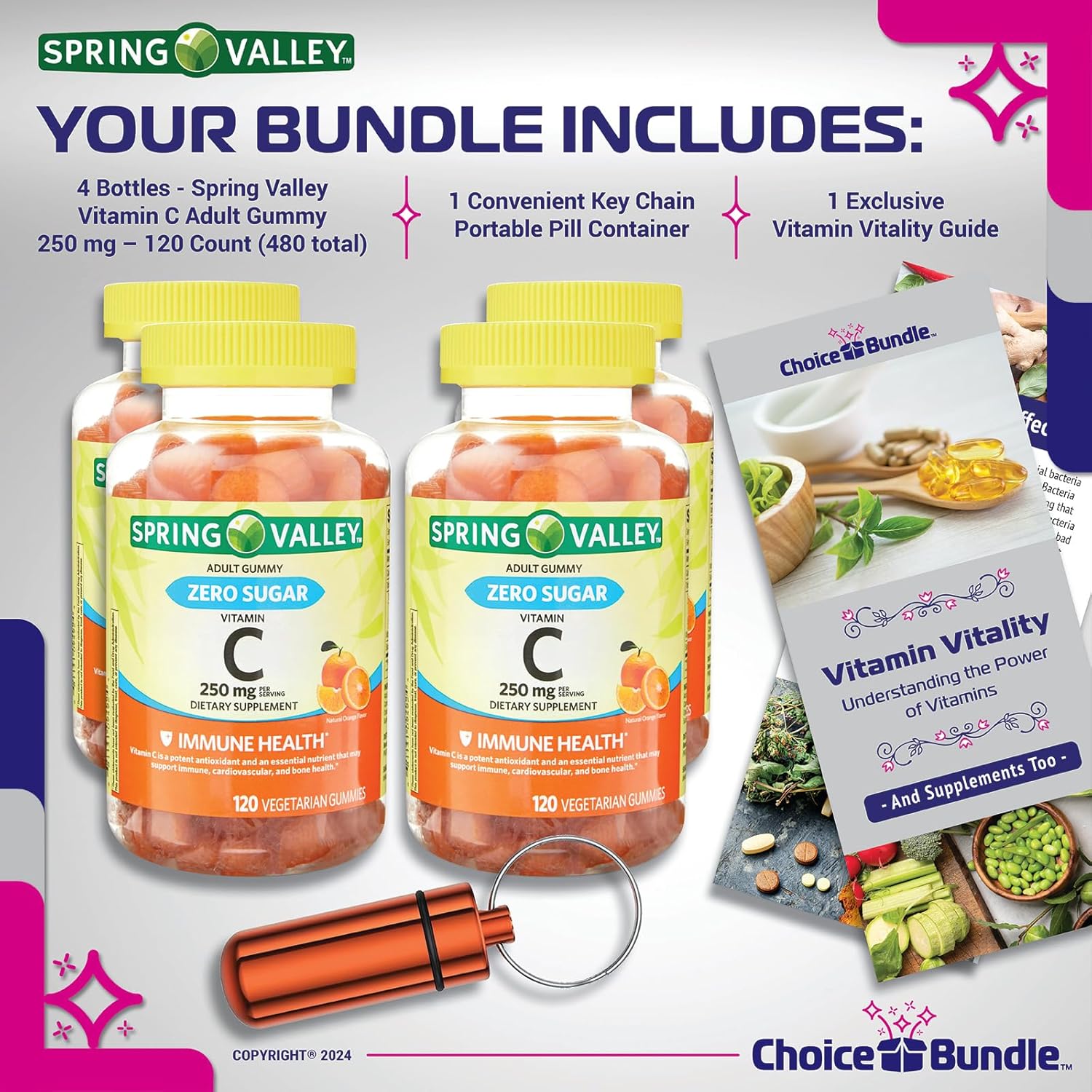 Spring Valley Zero Sugar Vitamin C Gummies 120 Ct 4 pk Bundle + Vitamin Vitality Guide & Pill Container (6 Items)