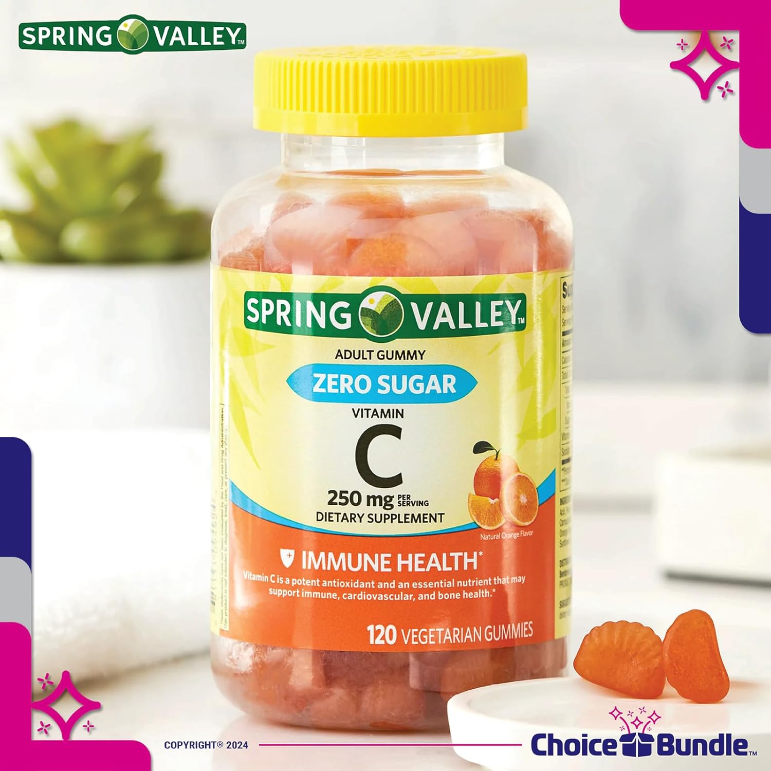 Spring Valley Zero Sugar Vitamin C Gummies 120 Ct 4 pk Bundle + Vitamin Vitality Guide & Pill Container (6 Items)