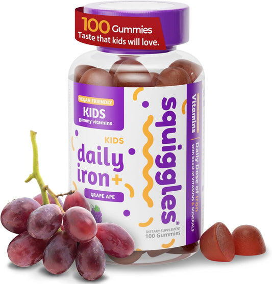 Squiggles Kids Iron Gummies - 100 Count Vegan Vitamin Supplement with Vitamins, Minerals, and Low Sugar Grape Flavor