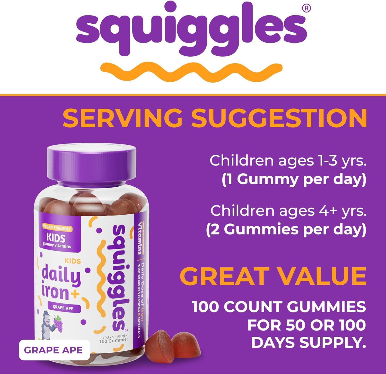 Squiggles Kids Iron Gummies - 100 Count Vegan Vitamin Supplement with Vitamins, Minerals, and Low Sugar Grape Flavor