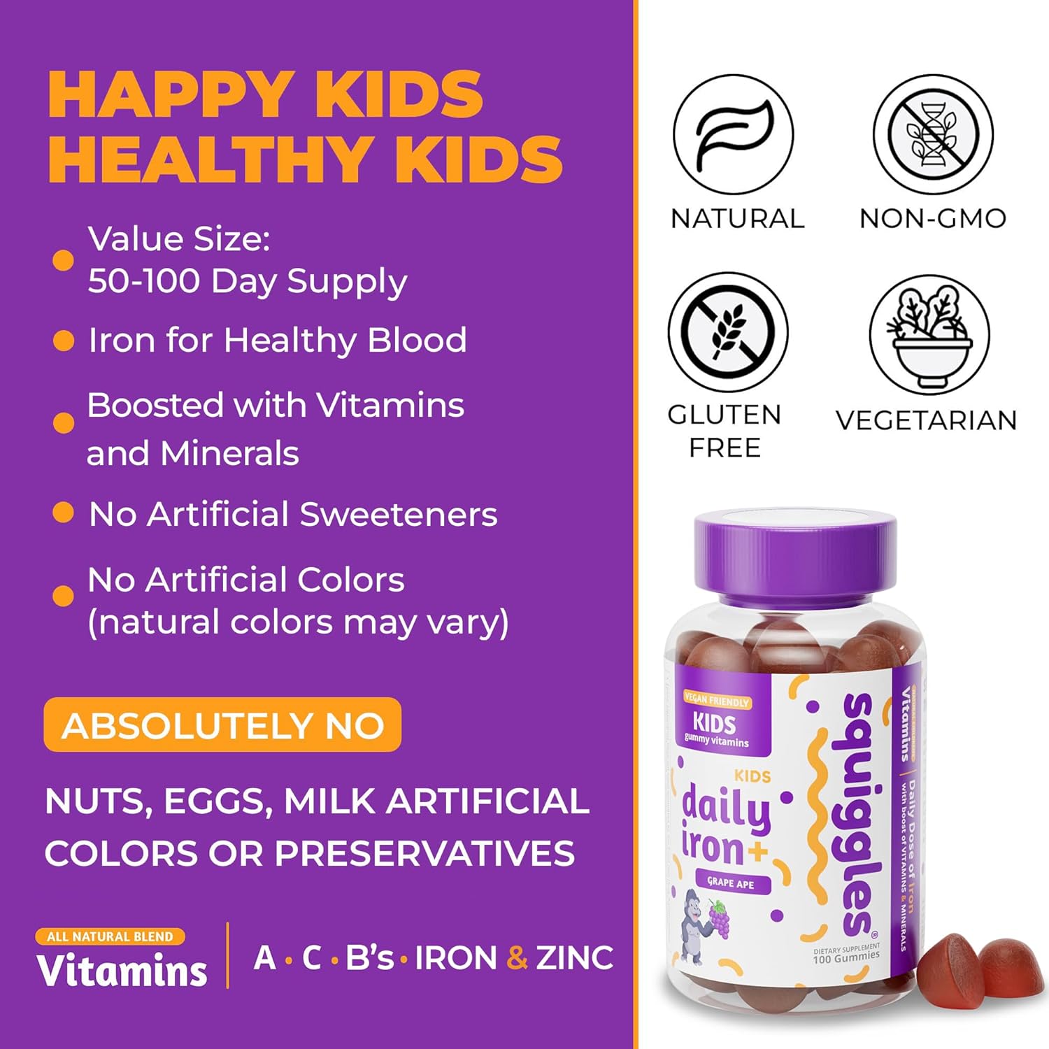 Squiggles Kids Iron Gummies - 100 Count Vegan Vitamin Supplement with Vitamins, Minerals, and Low Sugar Grape Flavor