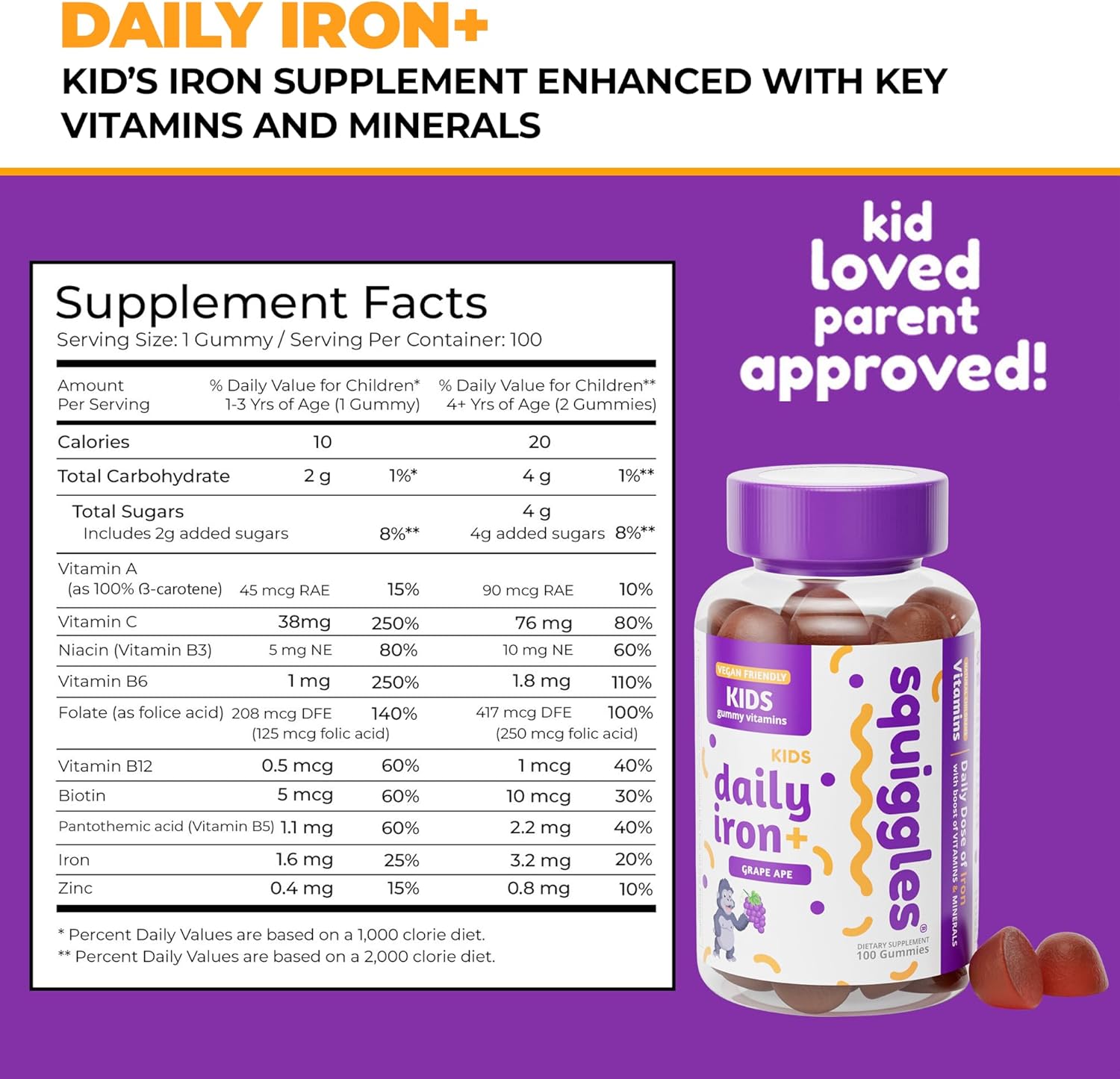 Squiggles Kids Iron Gummies - 100 Count Vegan Vitamin Supplement with Vitamins, Minerals, and Low Sugar Grape Flavor