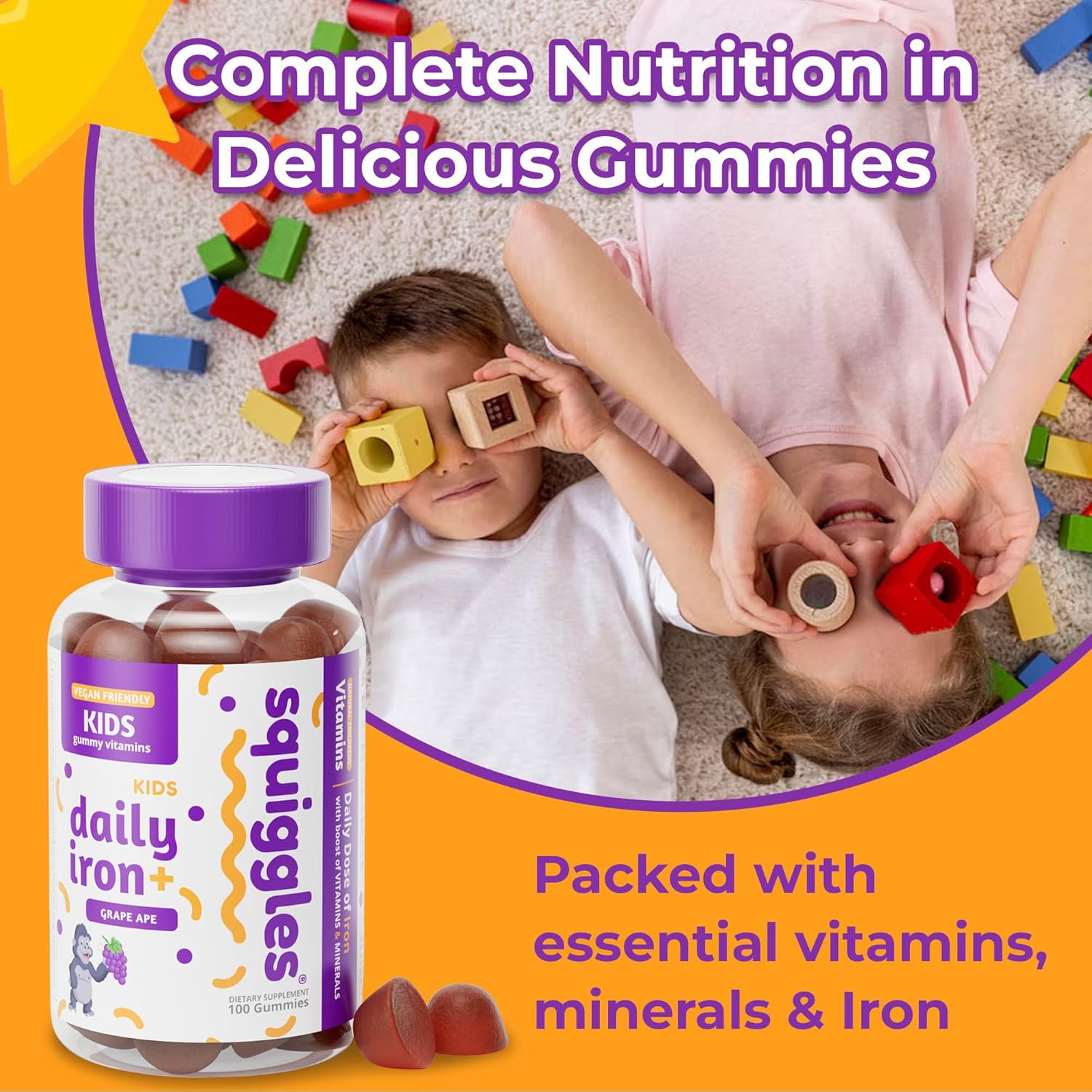 Squiggles Kids Iron Gummies - 100 Count Vegan Vitamin Supplement with Vitamins, Minerals, and Low Sugar Grape Flavor