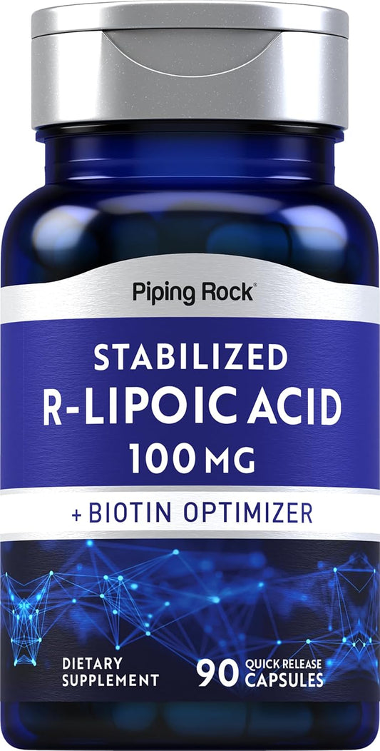 Stabilized R-Lipoic Acid 100mg Capsules with Biotin Optimizer - Non-GMO, Gluten Free (90 Count)