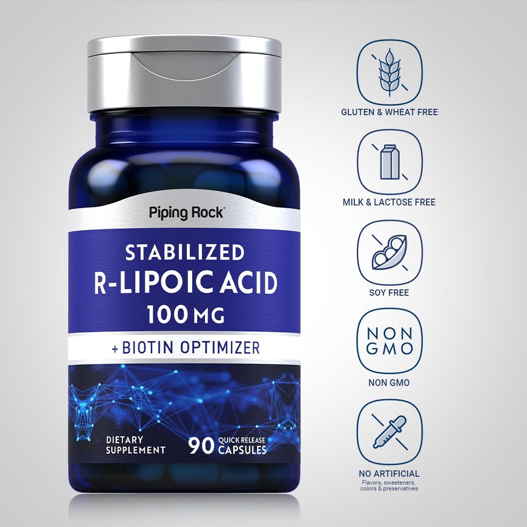 Stabilized R-Lipoic Acid 100mg Capsules with Biotin Optimizer - Non-GMO, Gluten Free (90 Count)