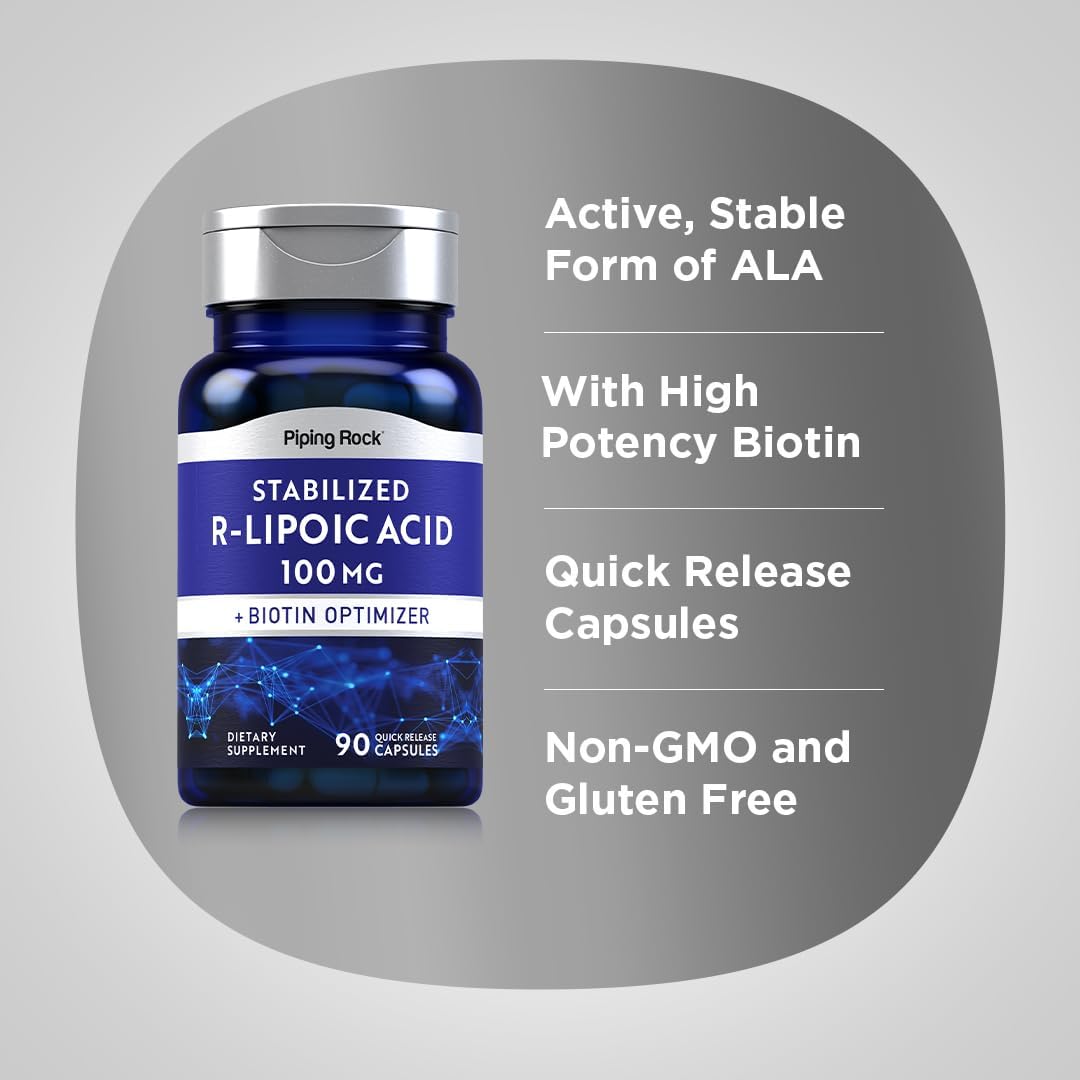 Stabilized R-Lipoic Acid 100mg Capsules with Biotin Optimizer - Non-GMO, Gluten Free (90 Count)