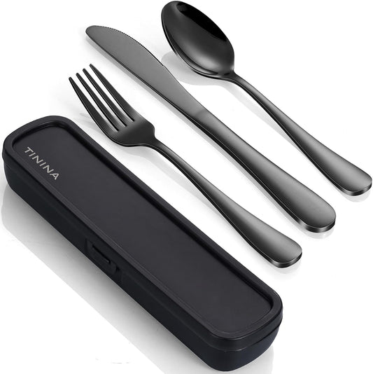 Stainless Steel Travel Cutlery Set with Case - 4-Piece Portable Utensils for Camping and Work - Fork Spoon Knife Included - Dishwasher Safe - Black