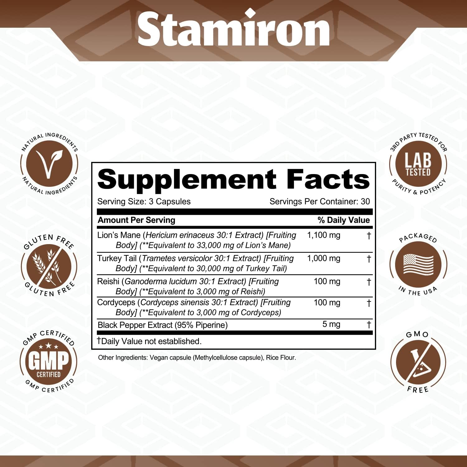 Stamiron Lions Mane, Turkey Tail, Cordyceps, and Reishi Mushroom Capsules - 90 Count