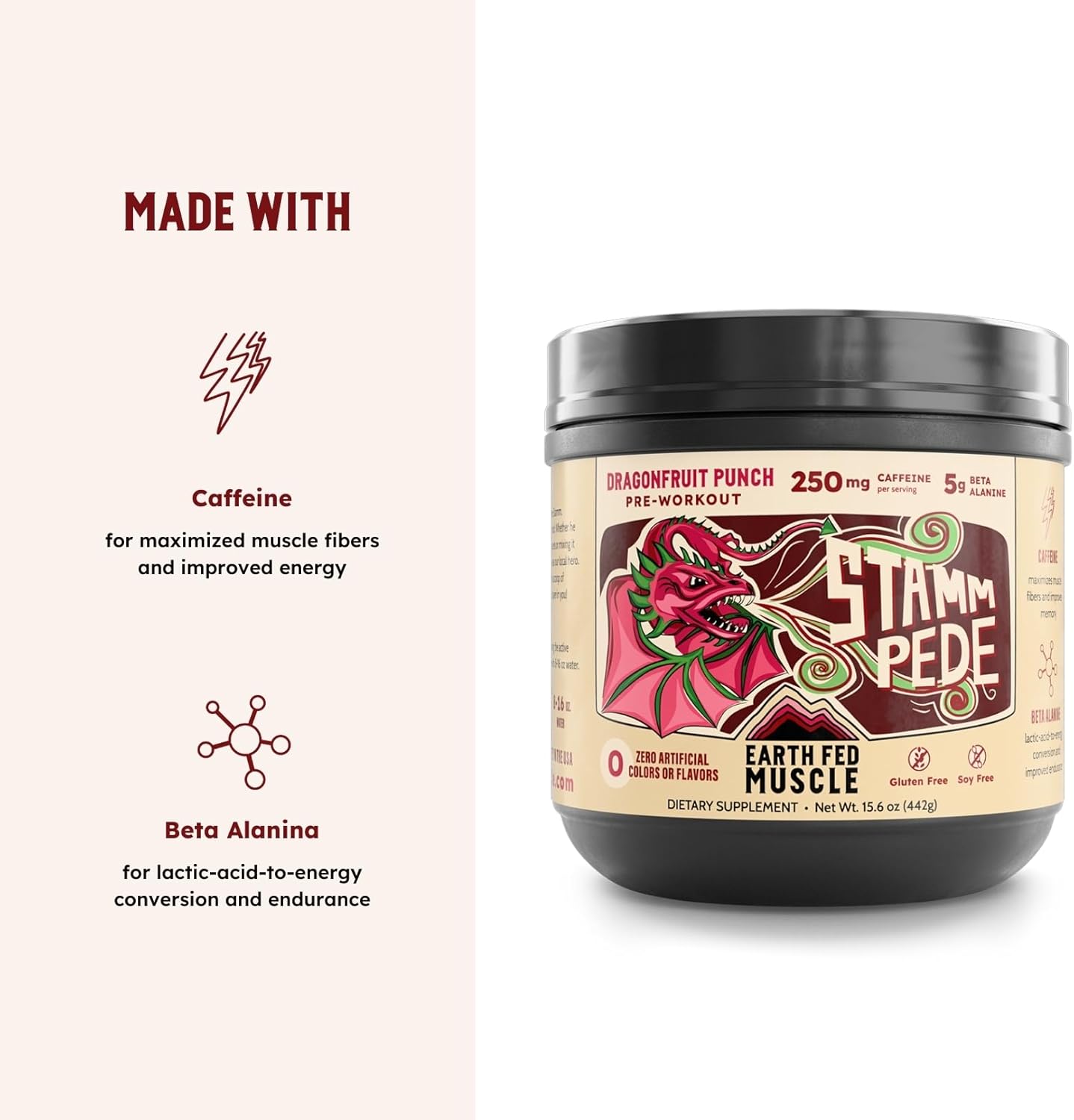 Stammpede DragoFruit Punch Pre Workout - 30 Servings, Energy Boost, Enhanced Endurance and Focus - Beta-Alanine, 250mg Caffeine, Citrulline Malate, Taurine, Tyrosine - Keto, Sugar-Free