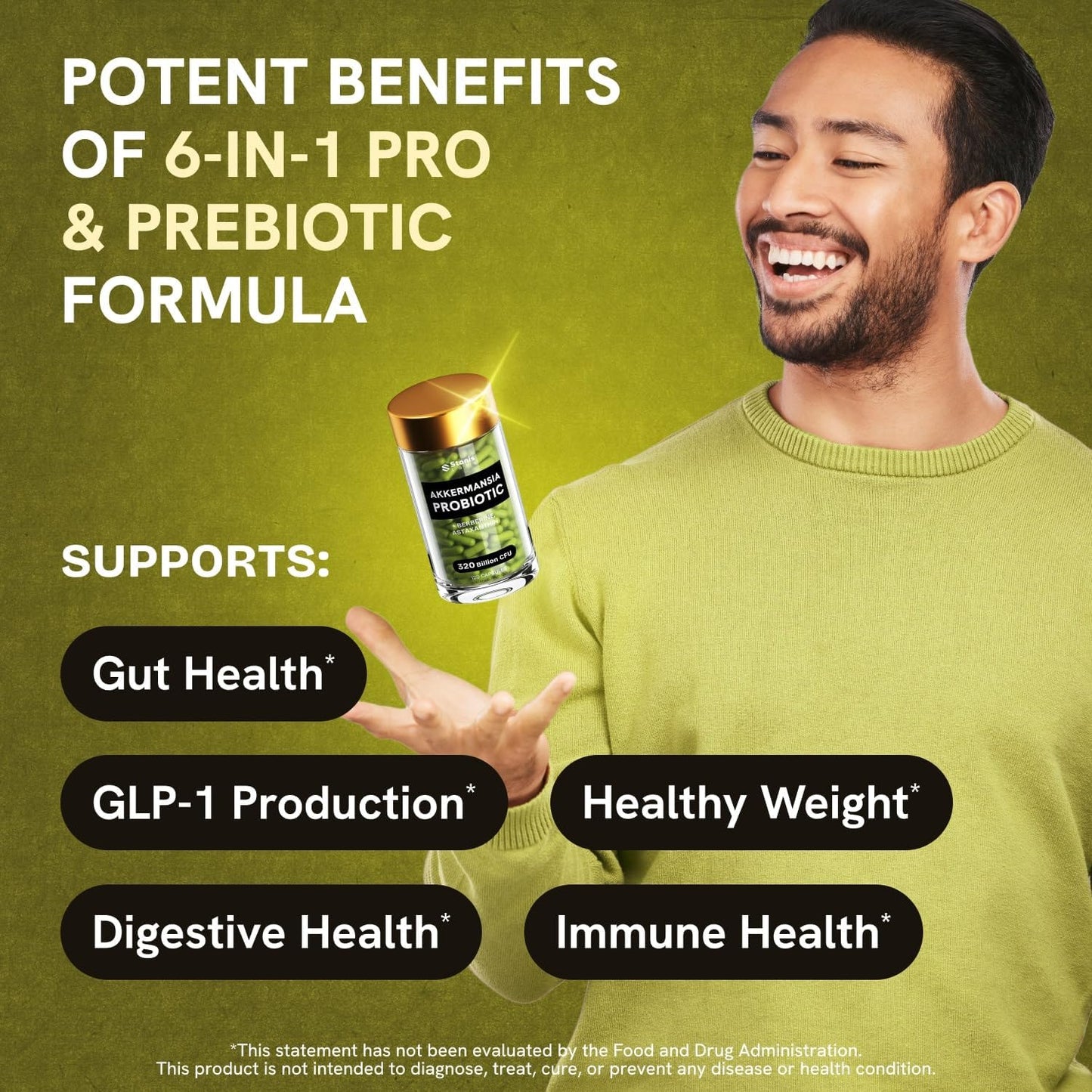 Stanis Labs Akkermansia Muciniphila Probiotics 320 Billion CFU with GLP-1, Prebiotic Fiber, Astaxanthin, Berberine, and Chromium - 120 Capsules for Gut Health