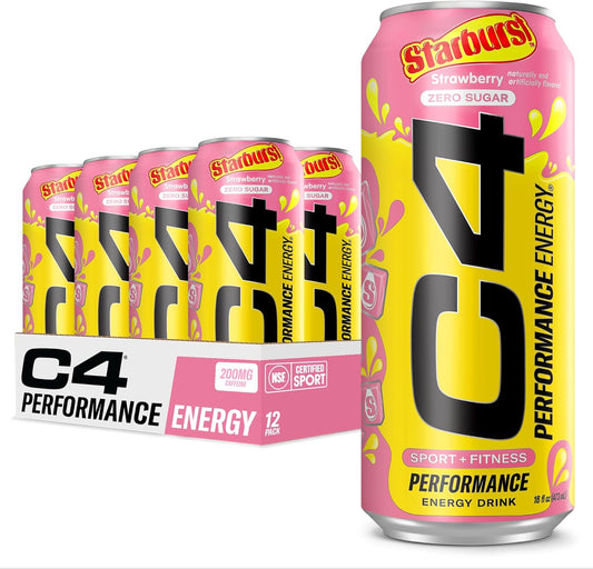 STARBURST Strawberry Cellucor C4 Performance Energy Drink - 200mg Caffeine, Zero Sugar, 12 Pack