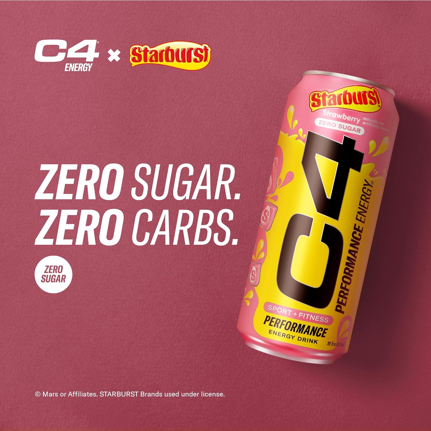 STARBURST Strawberry Cellucor C4 Performance Energy Drink - 200mg Caffeine, Zero Sugar, 12 Pack