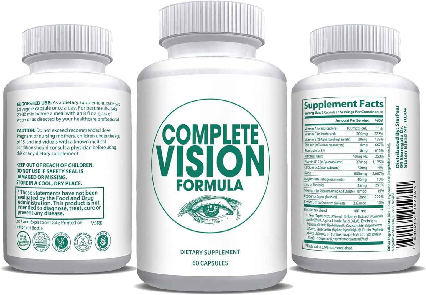StarPass Labs Pure Eye Health Vitamin & Mineral Supplements - #1 Complete Vision Formula for Adults with Bilberry, Lutein, Zeaxanthin, Lycopene, and Resveratrol - Supports Eye Strain and Dry Eyes - 60 Capsules