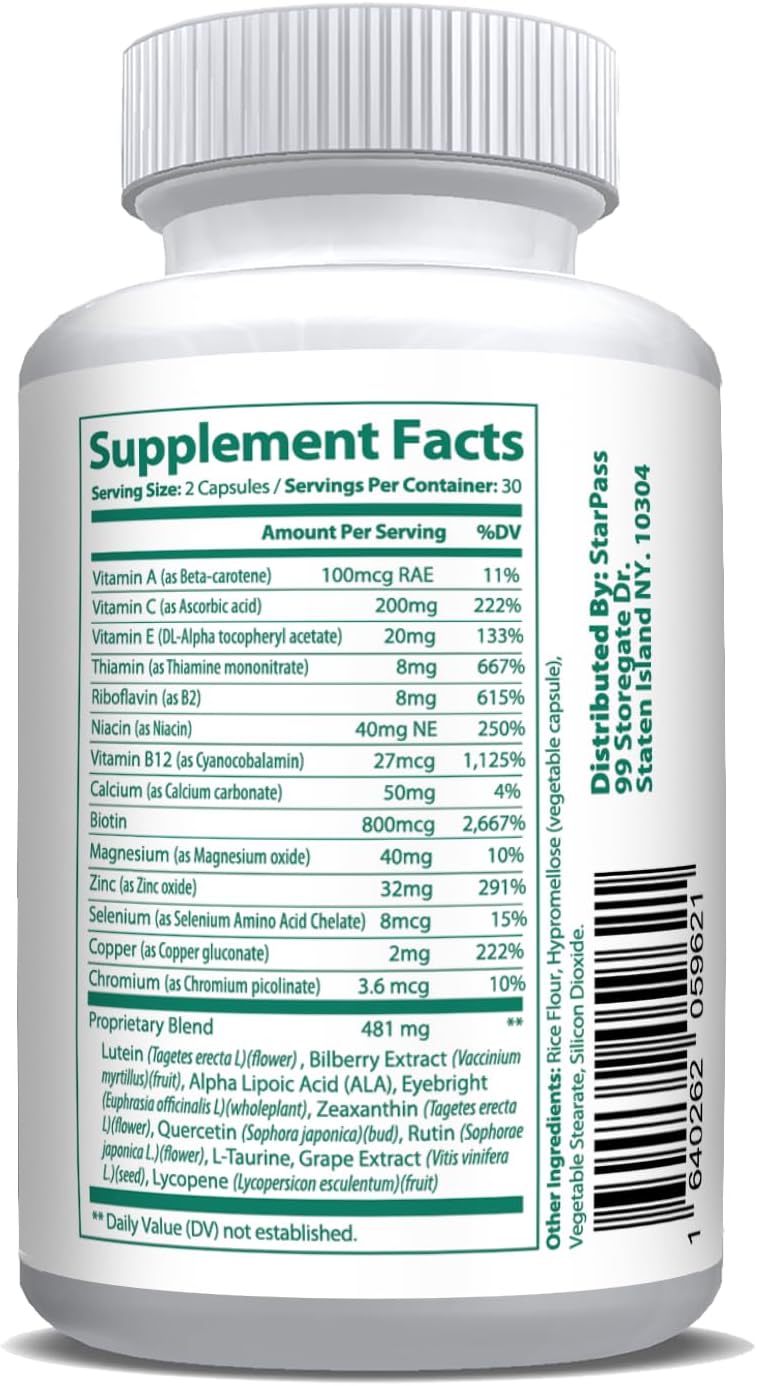 StarPass Labs Pure Eye Health Vitamin & Mineral Supplements - #1 Complete Vision Formula for Adults with Bilberry, Lutein, Zeaxanthin, Lycopene, and Resveratrol - Supports Eye Strain and Dry Eyes - 60 Capsules