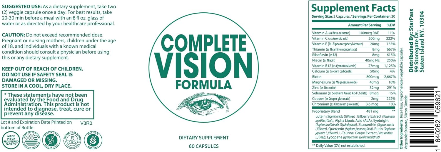 StarPass Labs Pure Eye Health Vitamin & Mineral Supplements - #1 Complete Vision Formula for Adults with Bilberry, Lutein, Zeaxanthin, Lycopene, and Resveratrol - Supports Eye Strain and Dry Eyes - 60 Capsules