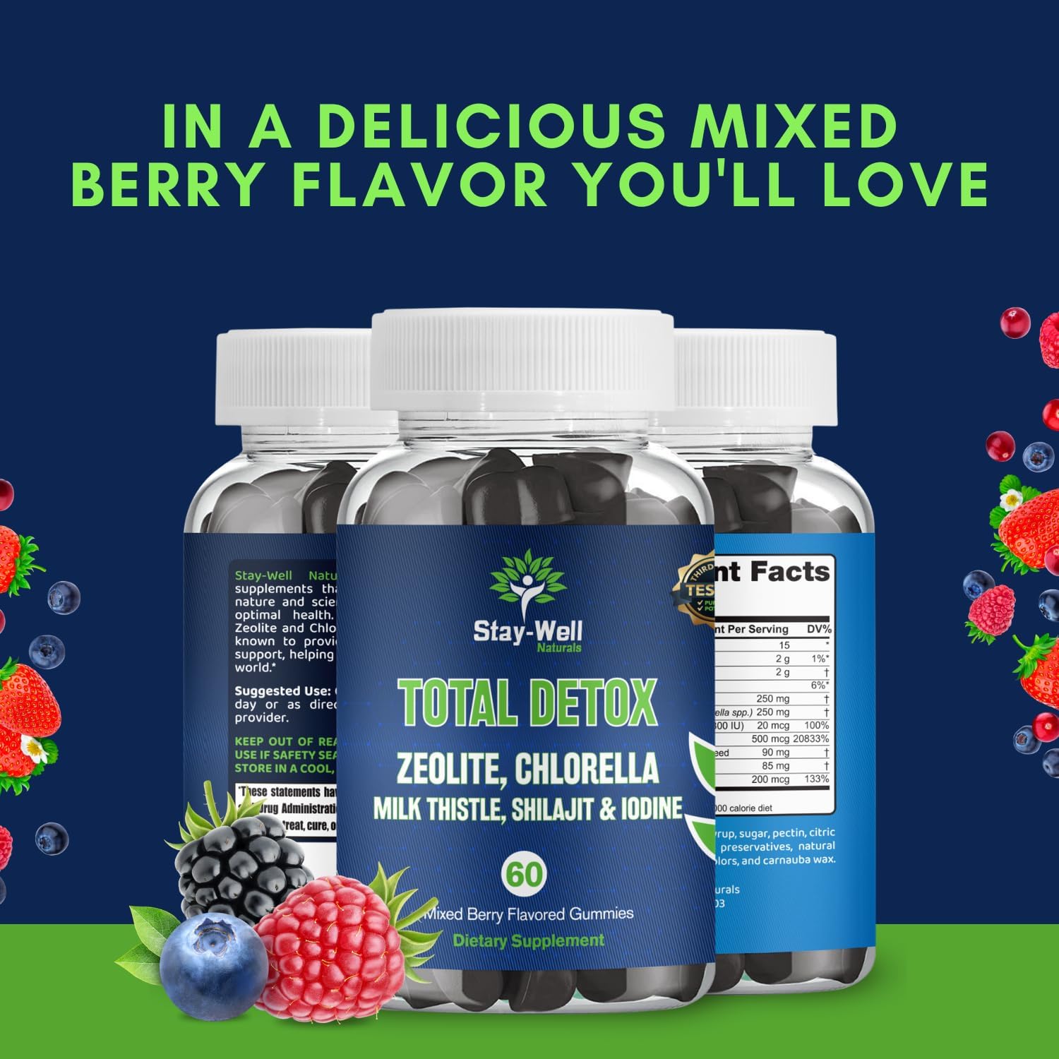 Stay-Well Naturals Heavy Metal Detox Gummies with Zeolite, Chlorella, Milk Thistle, Shilajit, and Iodine - Total Toxin Cleanse and Fluoride Detox, 60 Mixed Berry Gummies