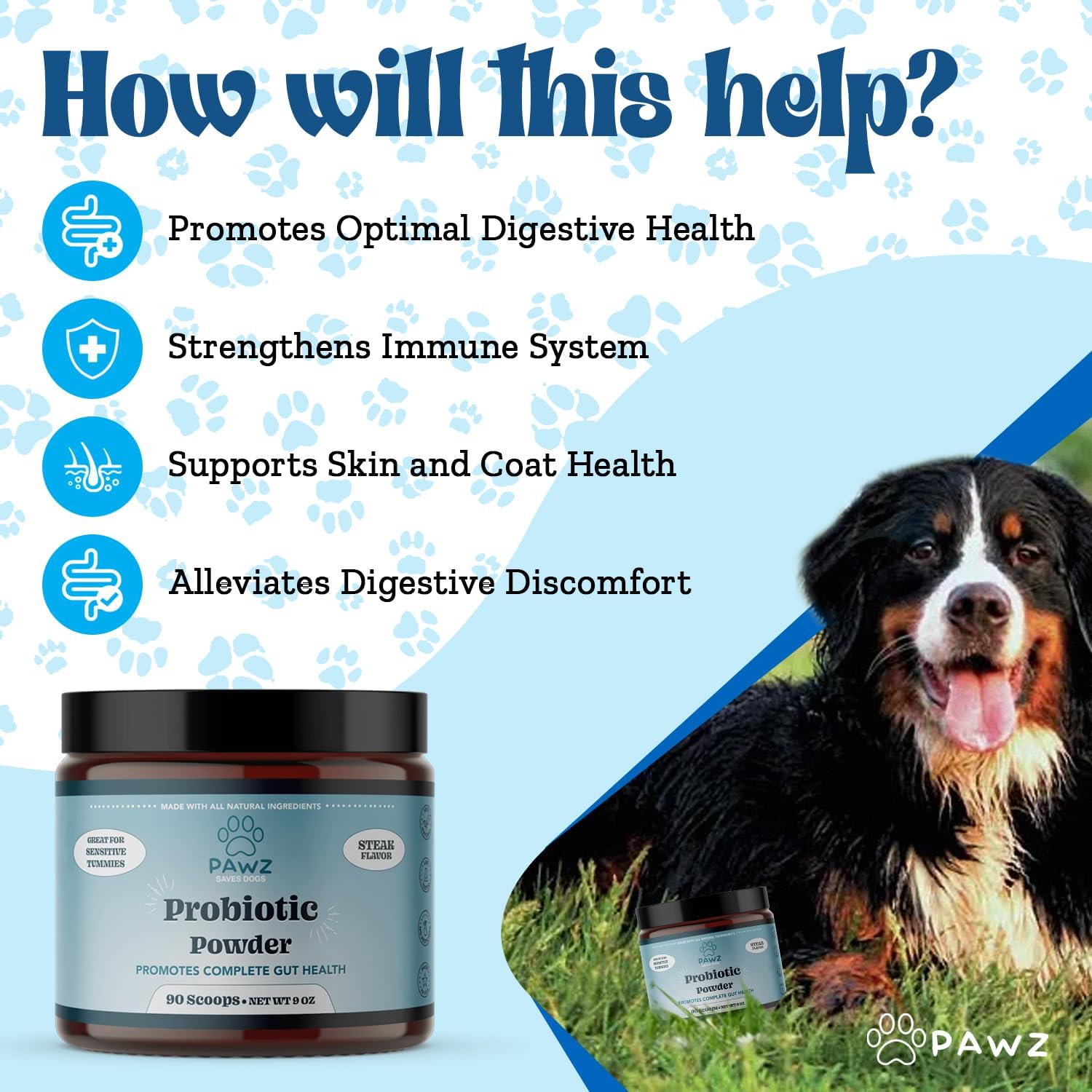 Steak Flavored Probiotic Powder for Dogs - 90 Scoops - Supports Gut Health, Digestion, Immune System, Skin, and Coat - All Dog Breeds