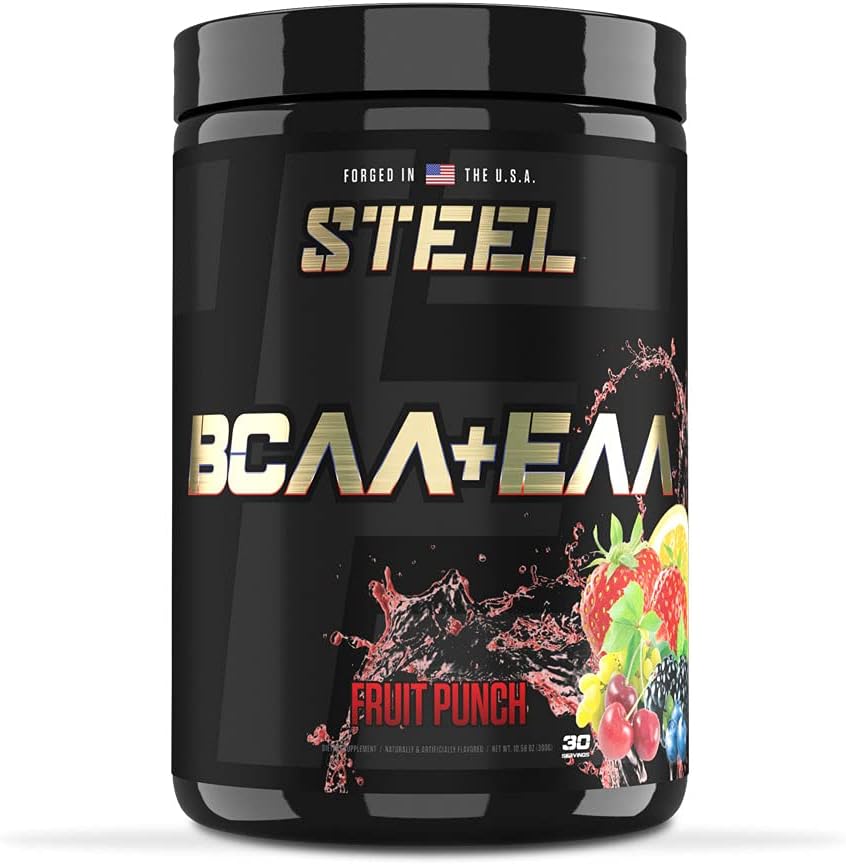 Steel Supplements Fruit Punch BCAA EAA Powder for Lean Muscle Growth and Endurance - 30 Servings