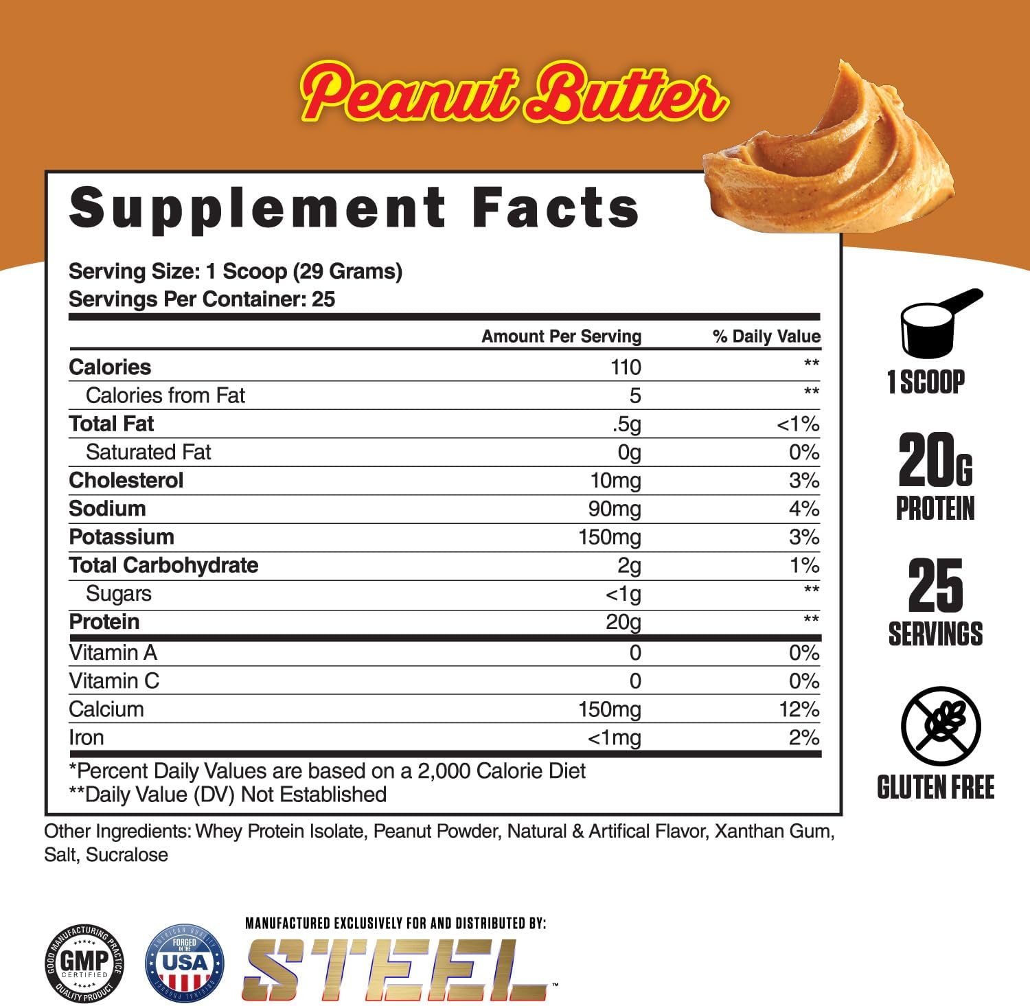 Steel Supplements Whey-Iso Peanut Butter Flavor: Fast-Absorbing Whey Isolate Protein Powder for Lean Muscle Growth, Easy Digestion, Gluten-Free, Low Carb - 25 Servings