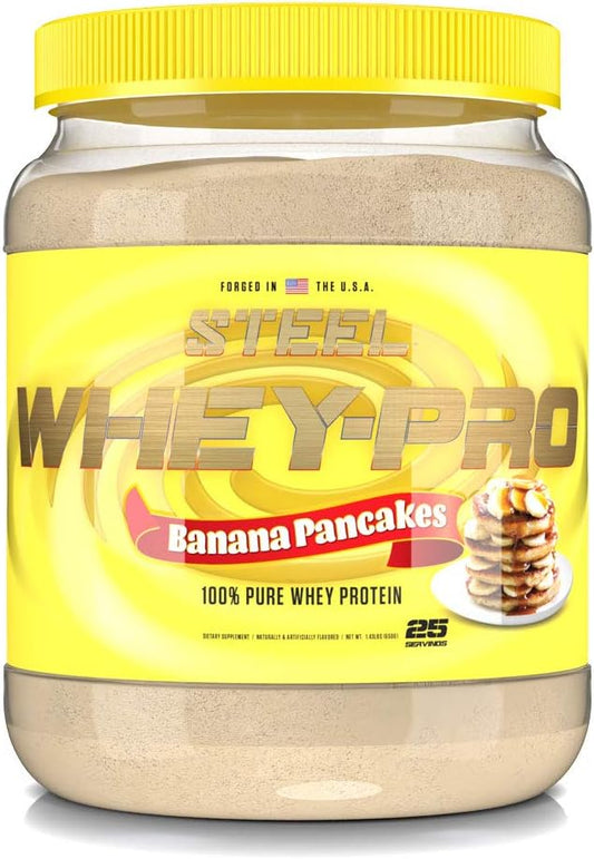 Steel Supplements Whey-Pro Banana Pancakes: Pure Whey Protein Powder for Muscle Gain and Recovery, Gluten Free, BCAA 5g, 1.43 lbs
