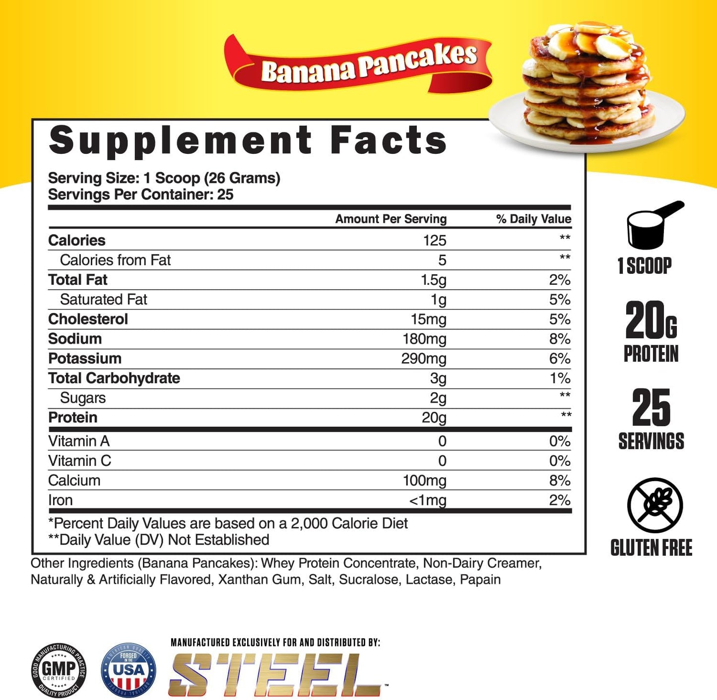 Steel Supplements Whey-Pro Banana Pancakes: Pure Whey Protein Powder for Muscle Gain and Recovery, Gluten Free, BCAA 5g, 1.43 lbs