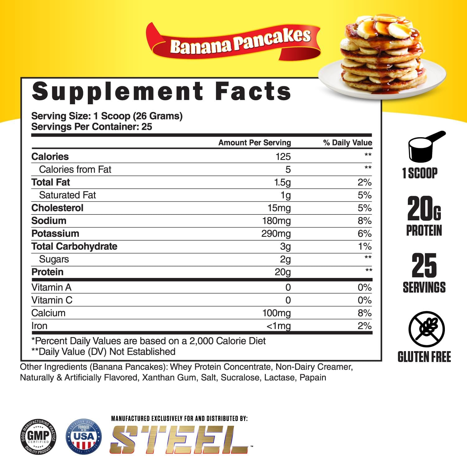 Steel Supplements Whey-Pro Banana Pancakes: Pure Whey Protein Powder for Muscle Gain and Recovery, Gluten Free, BCAA 5g, 1.43 lbs