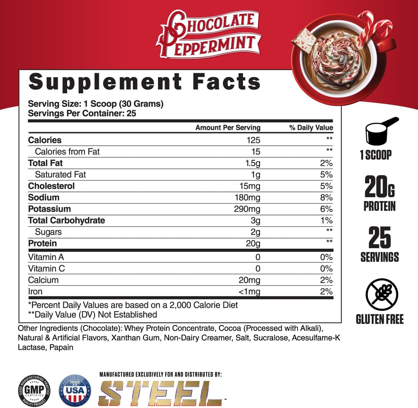 Steel Supplements Whey-Pro Chocolate Peppermint Protein Powder | Muscle Gain & Recovery | Gluten Free | 1.65 lbs