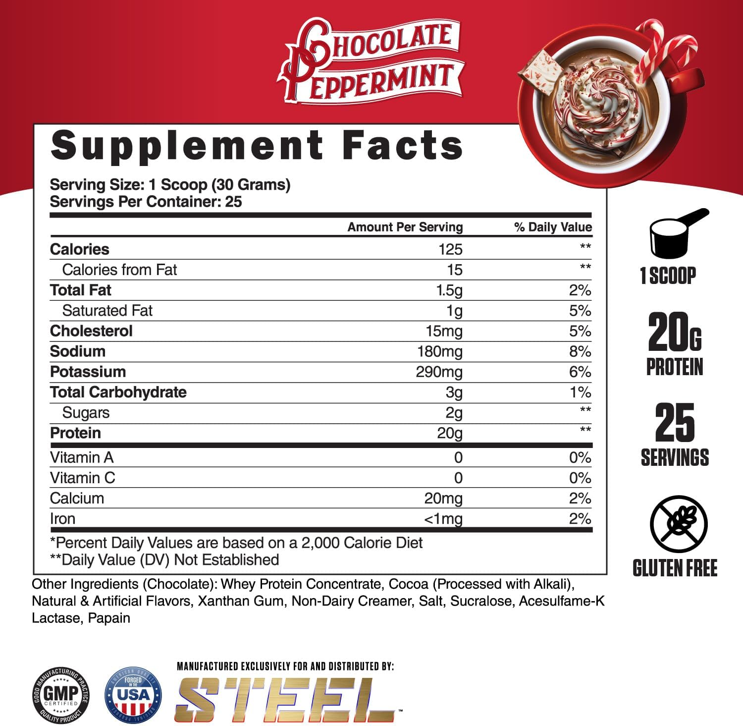 Steel Supplements Whey-Pro Chocolate Peppermint Protein Powder | Muscle Gain & Recovery | Gluten Free | 1.65 lbs