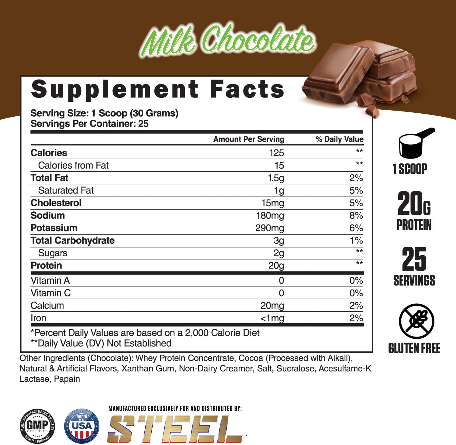 Steel Supplements Whey-Pro Chocolate Protein Powder | 100% Pure for Men & Women | Muscle Gain & Recovery | Gluten-Free | BCAA 5g | Non-GMO | 1.65 lbs