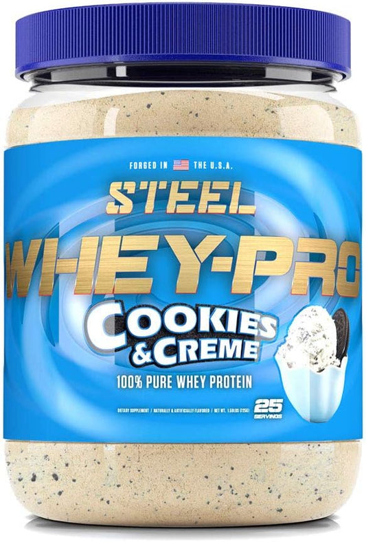 Steel Supplements Whey-Pro Cookies & Creme 1.59 lbs - Pure Whey Protein Powder for Muscle Gain & Recovery - 25 Servings, BCAA 5g, Non-GMO - Men & Women