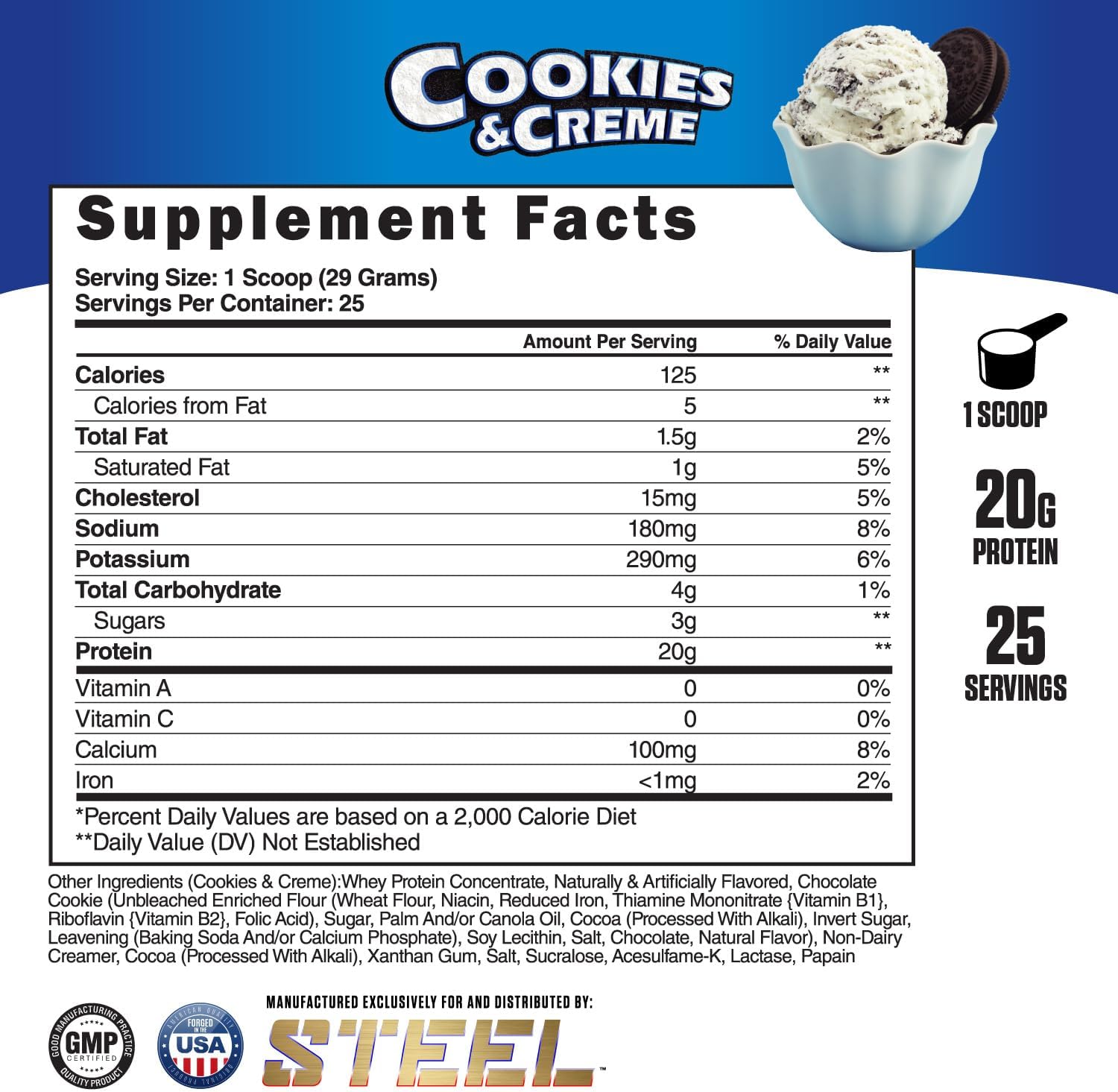 Steel Supplements Whey-Pro Cookies & Creme 1.59 lbs - Pure Whey Protein Powder for Muscle Gain & Recovery - 25 Servings, BCAA 5g, Non-GMO - Men & Women