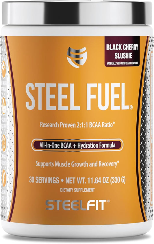 SteelFit Steel Fuel BCAA + Electrolyte Powder, Black Cherry Slushie Flavor, 30 Servings - Sugar-Free Amino Acids for Workout Hydration & Recovery